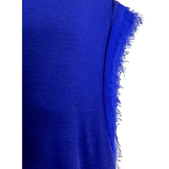 LANVIN Paris Blue Silk Ruched Midi Dress Size M Sleeveless Fringe Hem Luxury - Picture 8 of 13